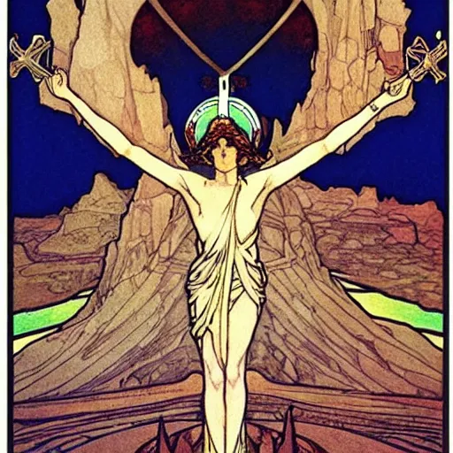 Prompt: a spiritual cross on top of a holy mountain, Mucha, Moebius, Mohrbacher