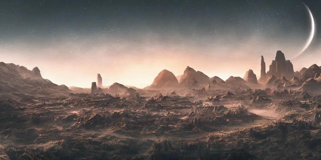 Prompt: amazing landscape photo of an alien city on a unknown planet