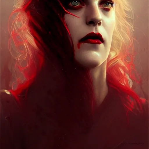 Prompt: portrait of riley keough as a vampire in bloody business suit, blood red eyes, fantasy, intricate, elegant, highly detailed, digital painting, art by aenaluck and roberto ferri and greg rutkowski, epic fantasy, movie poster