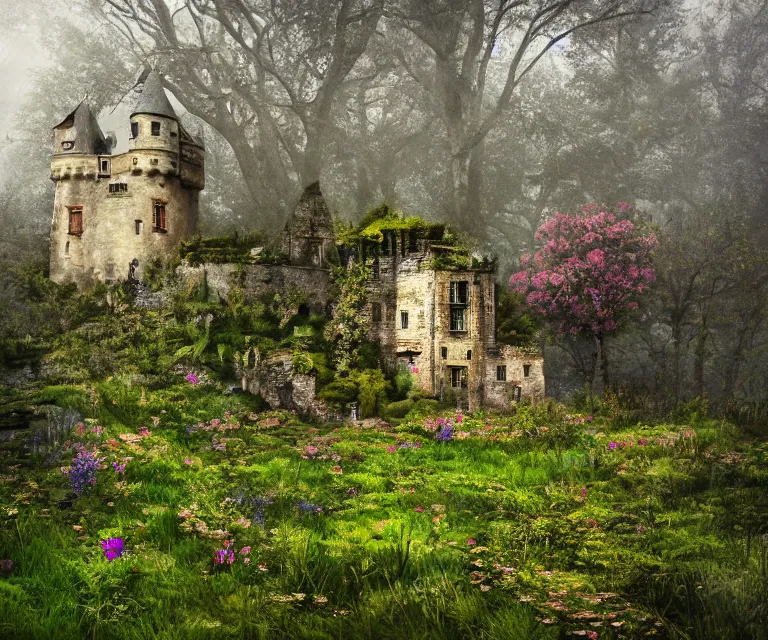 Prompt: old rundown castle in the middle of a haunted forest, foggy, high fantasy, colorful flowers, aged vegetation, photorealism, perfect composition