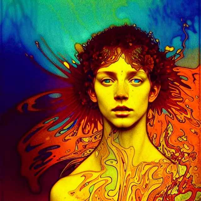 Prompt: psychedelic transcendent freckled sunburnt face mind bending psychedelic wings of glossy liquid honey flowing like kaleidoscopic translucent indigo, lsd feathers, honey wind, enlightenment, high contrast dappled lighting, refracted sunset, highly detailed, concept art, art by collier, albert aublet, krenz cushart, artem demura, alphonse mucha