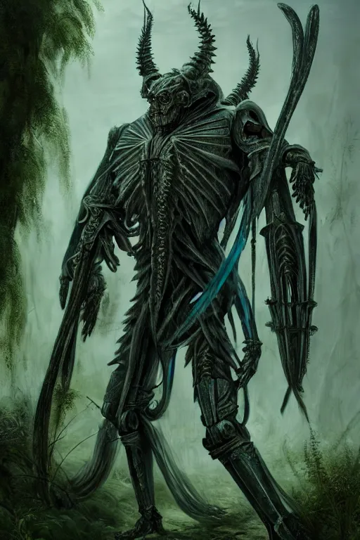 Image similar to neo - gothic giant muscular humanoid chimera, exoskeleton armor, holding katana, dystopian ruins covered in vegetation, highly detailed smooth concept art masterpiece, vitaly bulgarov giger dramatic dark teal light, ground angle hd 8 k, sharp focus