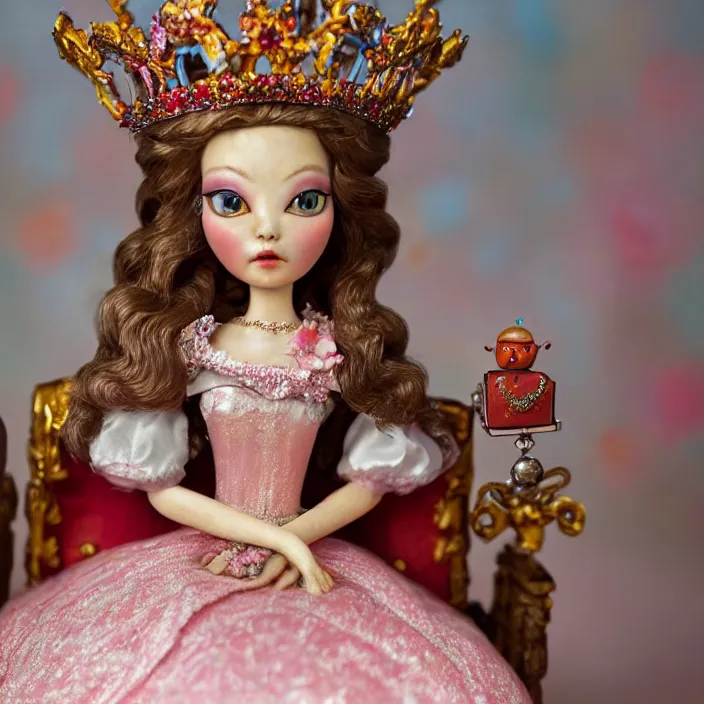 Image similar to closeup portrait of tin toy fairytale princess sitting on a throne wearing a crown eating cakes, depth of field, zeiss lens, detailed, symmetrical, centered, fashion photoshoot, by nicoletta ceccoli, mark ryden, lostfish, breathtaking, 8 k resolution, extremely detailed, beautiful, establishing shot, artistic, hyperrealistic, octane render