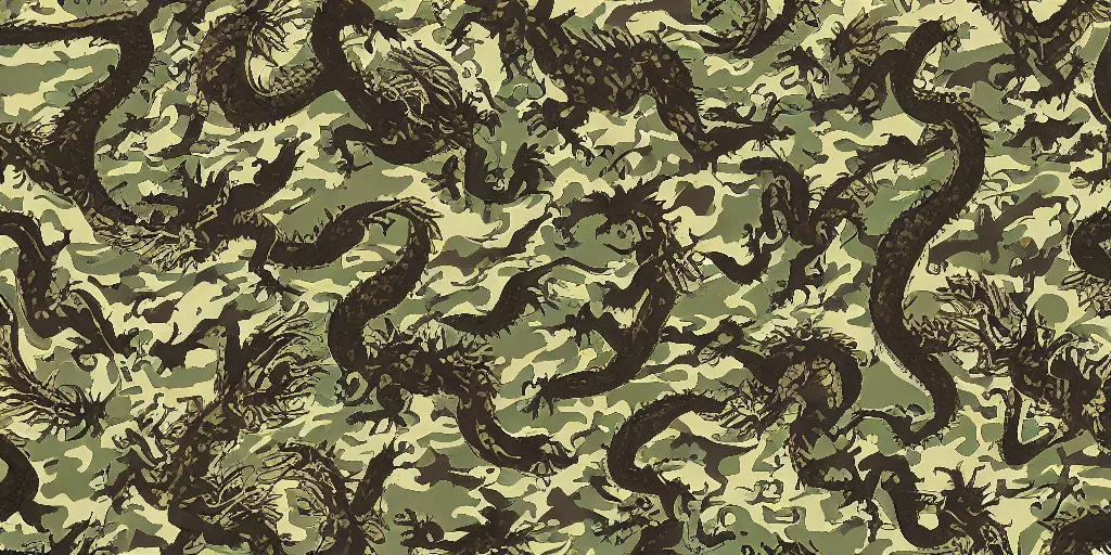 Prompt: camo pattern with 2d medieval dragons