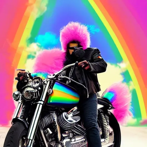 Image similar to wide angle full body, jacket wearing fluffy cute rainbow kitten wearing a black leather motorcycle jacket, riding on a motorcycle, cinematic concept art