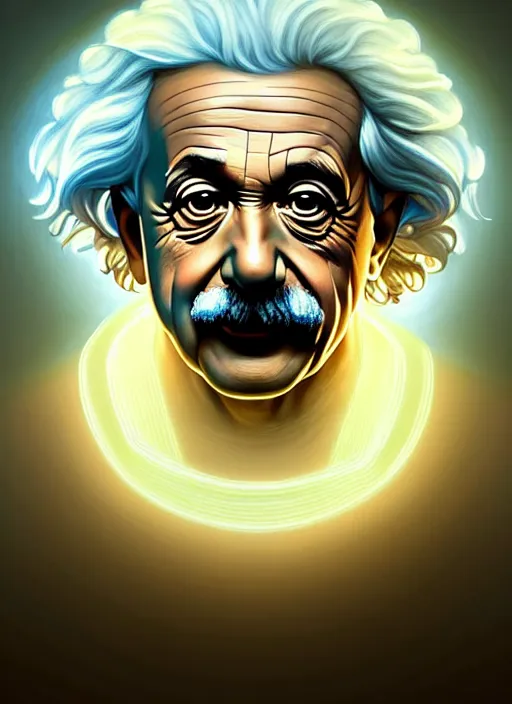 Image similar to symmetry!! portrait of albert einstein, cottagecore!! fitness body, glowing lights!! intricate, elegant, highly detailed, digital painting, artstation, concept art, smooth, sharp focus, illustration, art by artgerm and greg rutkowski and alphonse mucha