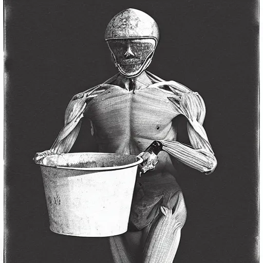 Image similar to a human body with a bucket head
