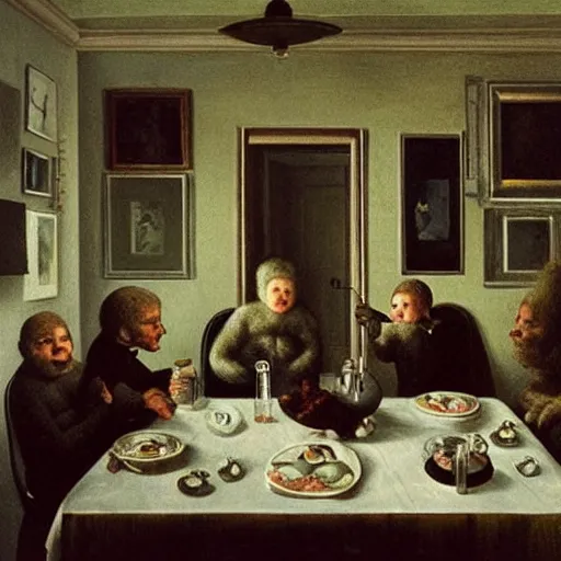 Image similar to family dinner of tardigrades in style of vilhelm hammershoi