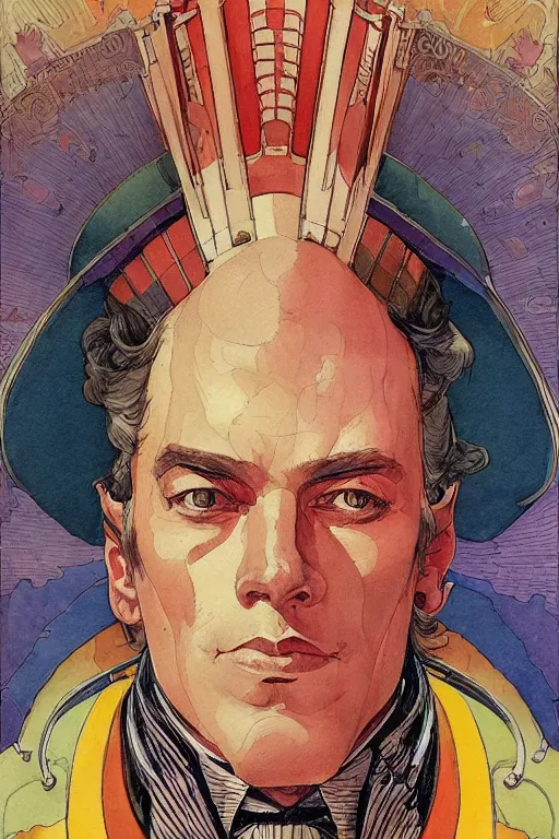 Image similar to zoomed out portrait of a duke, victorian era, art deco style, stylized illustration by moebius, juan gimenez, watercolor gouache detailed paintings in style of syd mead, metabaron, ghibli studio vibe, vivid colorful comics style, clean line, diesel punk,