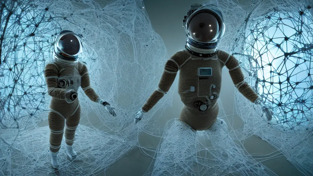 Image similar to a cybernetic symbiosis of a single astronaut eva suit made of wearing knitted yarn thread infected with diamond 3d fractal lace iridescent bubble 3d skin covered with insectoid compound eye camera lenses floats through the living room, film still from the movie directed by Denis Villeneuve with art direction by Salvador Dalí, wide lens,