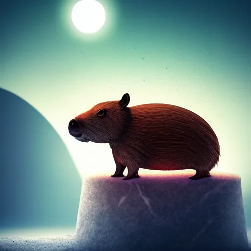 Prompt: beautiful digital fantasy illustration of a Birth Machine, Capybara pirate, keeping vigil over the salt flats, lights in the night, highly detailed, soft lighting, rendered in octane, masterpiece, very very very aesthetic, exquisite marble details