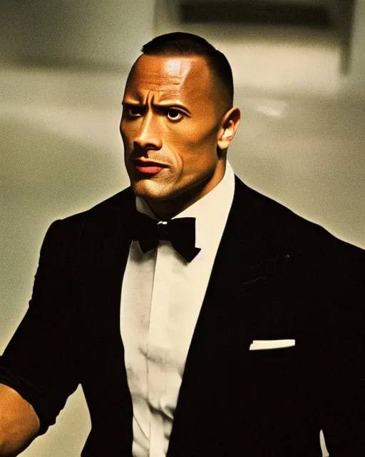 Image similar to Film still close-up shot of Dwayne Johnson as James Bond from the movie Goldeneye. Photographic, photography