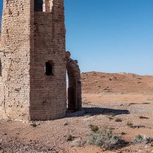 Image similar to an old roman lighthouse in the middle of the desert sitting on a rock, post apocalyptic