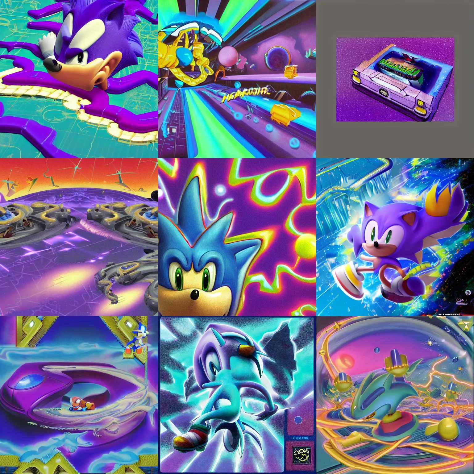 Prompt: dreaming of sonic hedgehog portrait deconstructivist claymation scifi matte painting landscape of a surreal stars, retro moulded professional soft pastels high quality airbrush art album cover of a liquid dissolving airbrush art lsd sonic the hedgehog swimming through cyberspace purple teal checkerboard background 1 9 9 0 s 1 9 9 2 sega genesis video game album cover