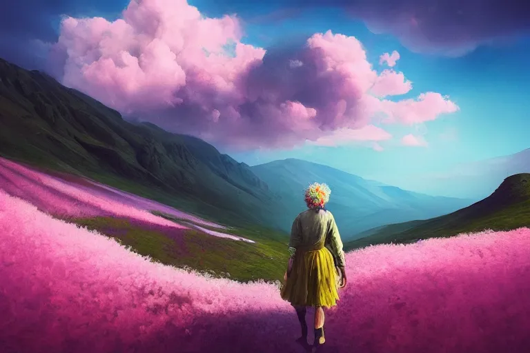 Prompt: giant dahlia flower on the head, girl walking on mountain, surreal photography, pink storm clouds, dramatic light, impressionist painting, digital painting, artstation, simon stalenhag