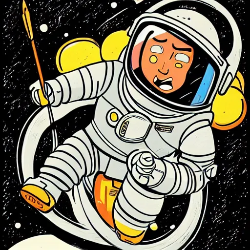 Image similar to colorful pixar, mcbess illustration, an astronaut drifting through space