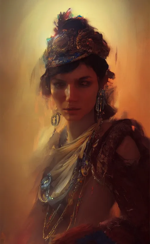 Image similar to Gypsy queen, volumetric lighting, digital painting, highly detailed, artstation, sharp focus, illustration, concept art, ruan jia, steve mccurry