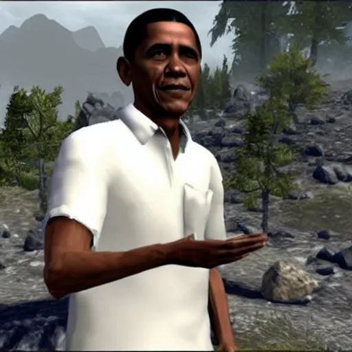 Prompt: in-game Barack Obama as a refugee in the video game Skyrim