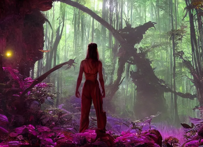 Image similar to still from a feature film avatar in style of wayne barlow, karol bak, nature futurism, pagan occultism, bio - luminescent jungle mystical colors, rim light, beautiful lighting, 8 k, stunning scene, raytracing, : : anamorphic lens, hyper - real, : : 8 k