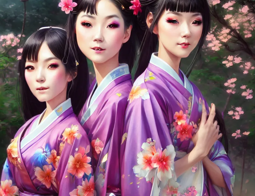 Image similar to two beautiful fashion taiwan girls wear fantasy yukata in festival | | big eyes, sunny, dreamlike art, realistic shaded, smile, good looking, fine details, 4 k realistic, cryengine, realistic shaded lighting poster by greg rutkowski, magali villeneuve, artgerm, jeremy lipkin and michael garmash and rob rey