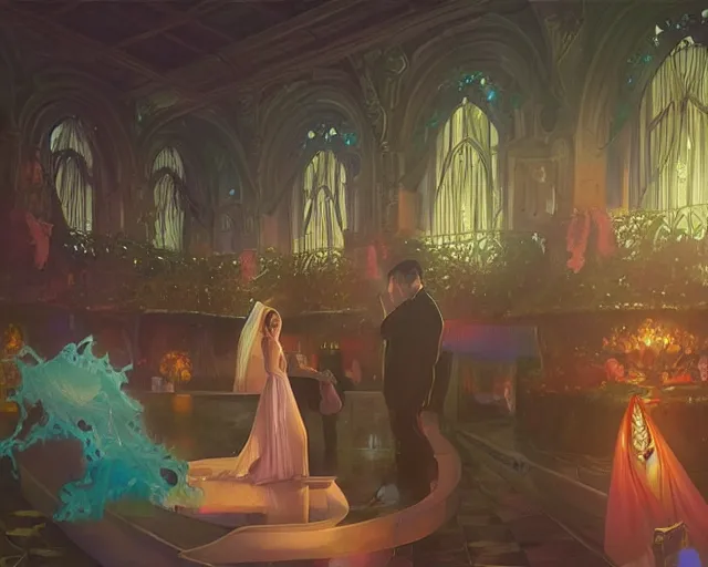 Image similar to a wedding in a swimming pool, photography of kurzgesagt, deep focus, d & d, fantasy, intricate, elegant, highly detailed, digital painting, artstation, concept art, matte, sharp focus, illustration, hearthstone, art by artgerm and greg rutkowski and alphonse mucha