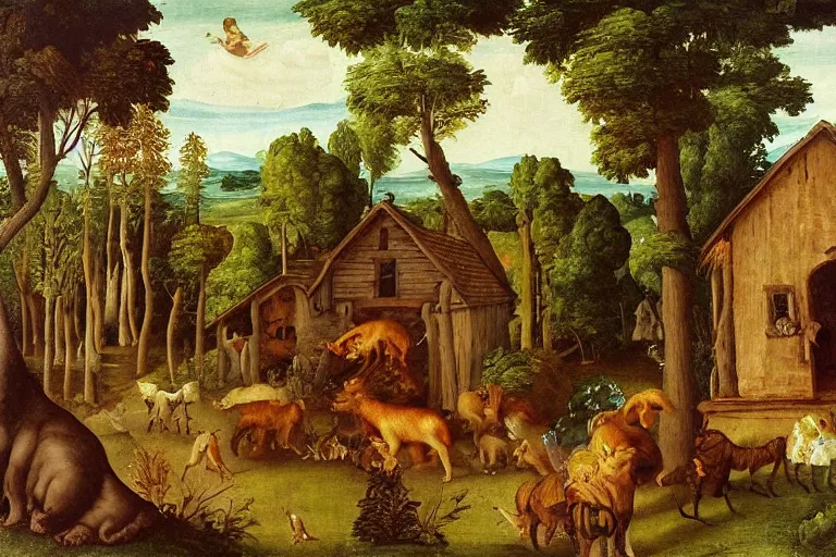 Image similar to a mistic fa forest with many animals, with a old house, in entrance of the house and old woman rocking in a rocking chair.renaissance painting style.high detail painting