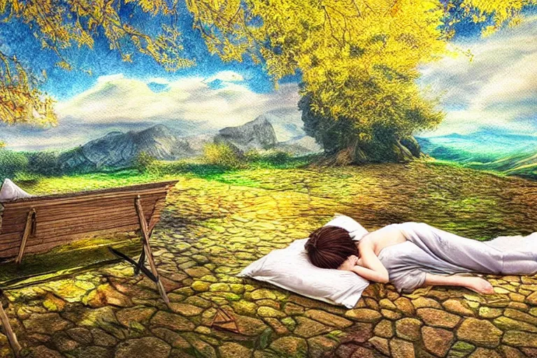 Image similar to quenn sleep, fantasy, pen painting, ultra realistic!!!, hdr, clear weather, golden hour, sharp focus