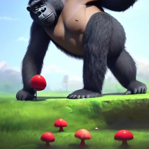 Prompt: a wholesome animation key shot of a gorilla holding a very small red mushroom, chilled out smirk on face, listening to music, jeep in background, studio ghibli, pixar and disney animation, sharp, rendered in unreal engine 5, anime key art by greg rutkowski, bloom, dramatic lighting made by banksy - n 9