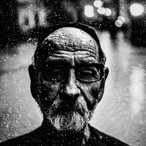 Prompt: Monochrome portrait of an intense old man with facial tattoos on a rainy misty street at night, the only light source is a bright overhead street light, close-up, motion blur, grainy Tri-X pushed to 3200, 24mm tilt-shift, water drops on the lens, holga