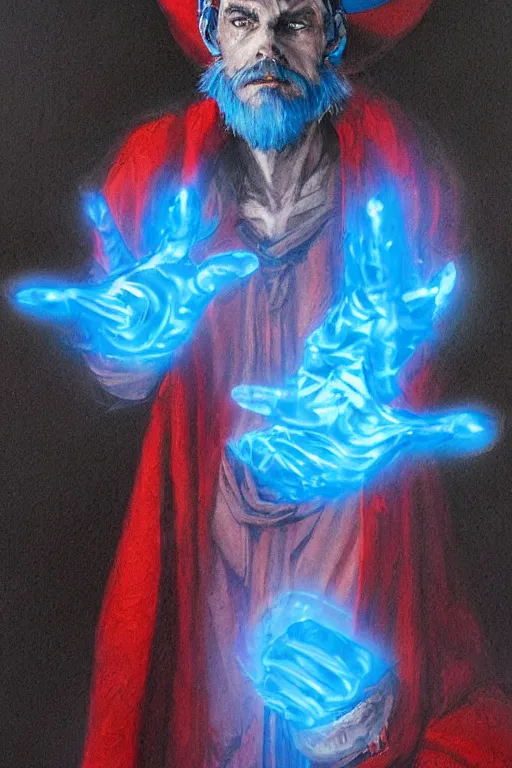 Prompt: A character study of an evil sorcerer with blue energy glowing from his hands, he has a red hat, by, loish, greg rutkwoski, high detail