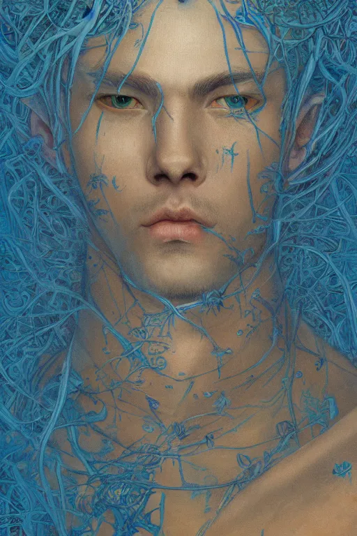 Image similar to portrait of beautiful young man, warhammer, japanic style, cyberpunk, a lot of scars, more and more flowers, blue head, the middle ages, highly detailed, artstation, illustration, art by jean delville, 8 k quality