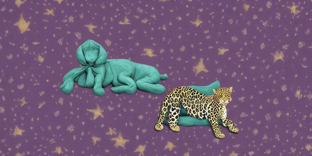 Prompt: 3 d precious moments leopard plush / female hybrid wrapped in a muted purple shroud, sitting in a cemetery at night, under a sea of stars, ebony / periwinkle / slate blue / yellow green color palette, master painter and art style of john william waterhouse and caspar david friedrich and philipp otto runge