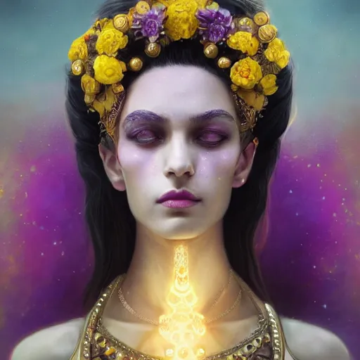 Prompt: realistic character concept, the empress with lots of jewelry and yellow and purple flowers in the face, elegant pose, scifi, illustration, slender symmetrical face and body, artstation, cinematic lighting, hyperdetailed, 8 k, high resolution, charlie bowater, tom bagshaw, insanely detailed and intricate, elegant, dark fractal background, vfx, art deco, postprocessing