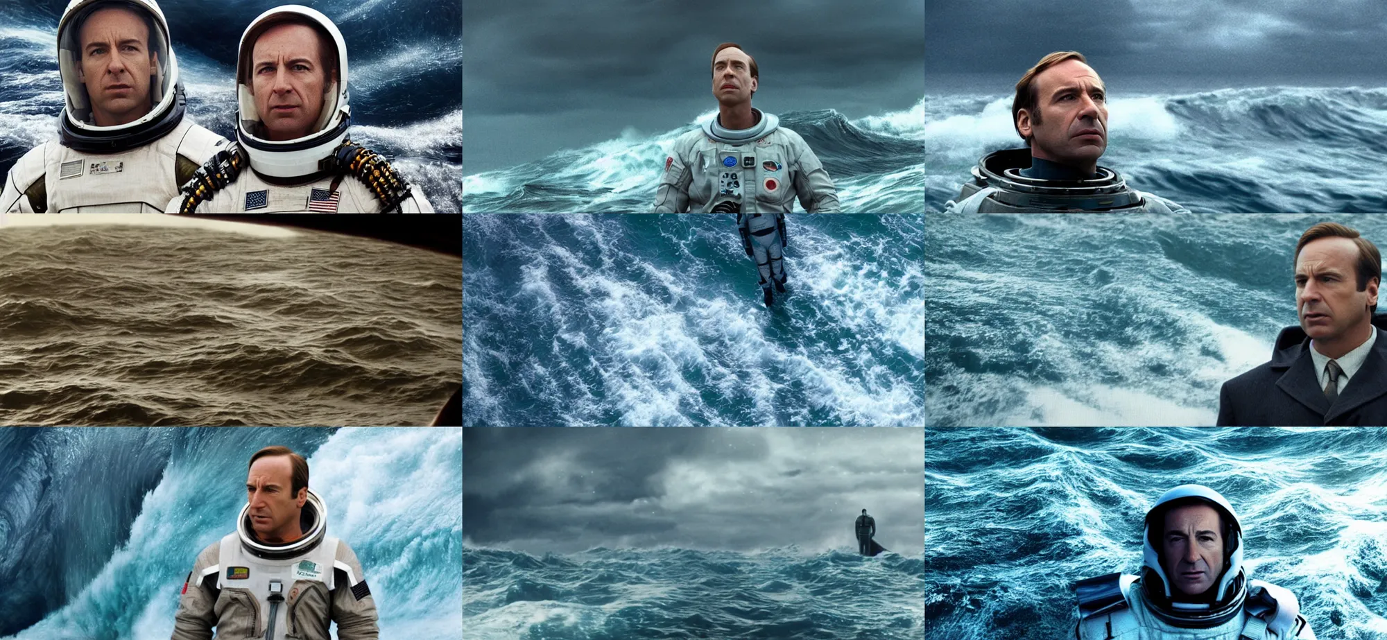 Prompt: on ocean , cinematic close up shot of saul goodman wearing the spacesuit in scene from the movie interstellar ,shady dull weather, panorama,natural dull colours, exteremely giant ocean wave in background