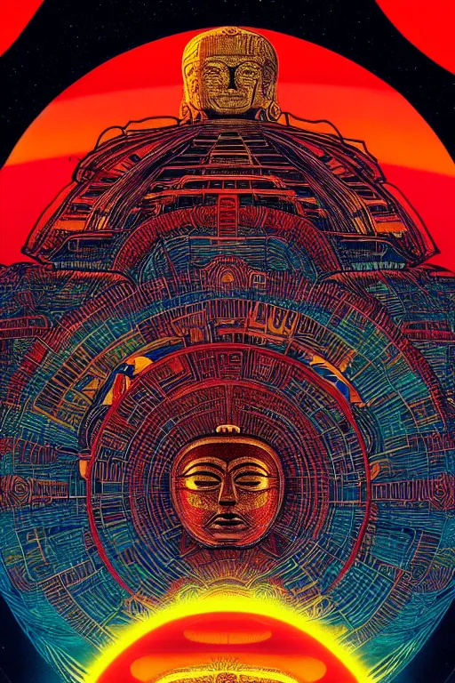 Prompt: a blazing geometric sun above a techno buddha, detailed, 4 k, warm colours, by beeple stanley donwood and philippe druillet,