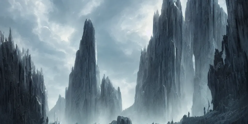 Prompt: the gates of argonath, architectural masterpiece, dramatic lighting, colossal statues, by greg rutkowski, artgerm, ross tran, conrad roset, takato yomamoto. 4 k, beautiful, cinematic dramatic atmosphere