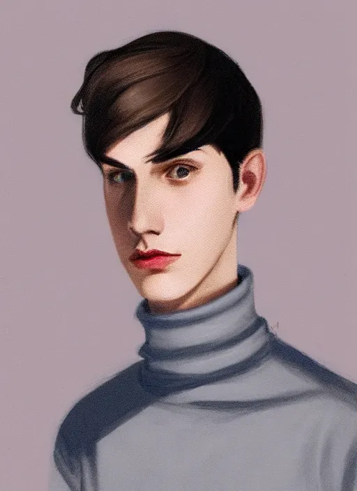 Image similar to portrait of teenage jughead jones wearing a light grey crown, crown, blue turtleneck, 1 9 5 0 s, closed eyes, photorealistic, black hair, glowing lighting, intricate, elegant, glowing lights, highly detailed, digital painting, artstation, concept art, smooth, sharp focus, illustration, art by wlop, mars ravelo and greg rutkowski