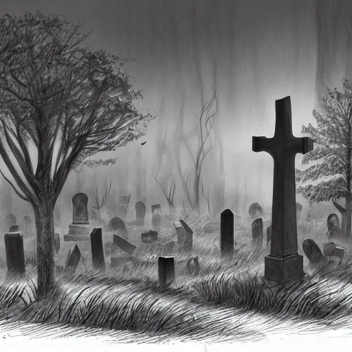 Image similar to an eerie graveyard with ancient tombstones, misty, strands of fog, tomb in background, dark trees arching frame, creepy, night, finely detailed black and white pencil drawing