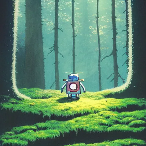 Prompt: a robot covered in moss and mushrooms lying in a forest, shafts of light god rays, painting by hayao miyazaki studio ghibli