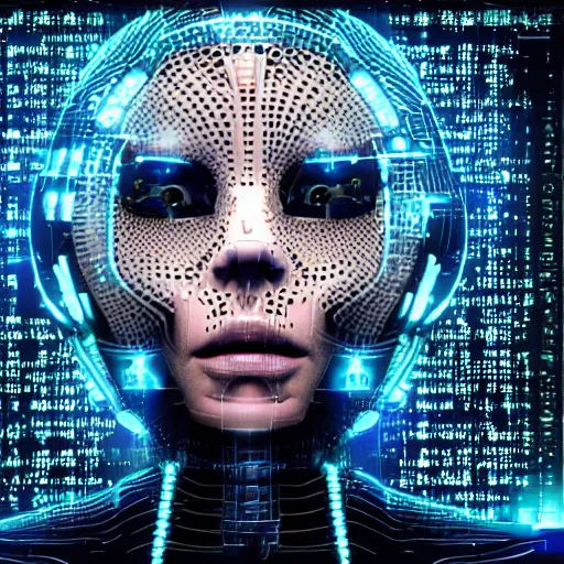 Image similar to an insanely detailed cibernetic artwork of a futuristic artificial intelligence superstar, centered image, with frames made of detailed fractals, octsne render, 4k, insanely detailed, cgi