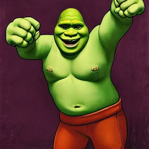 Prompt: shrek with his fists up, chicano art movement, detailed