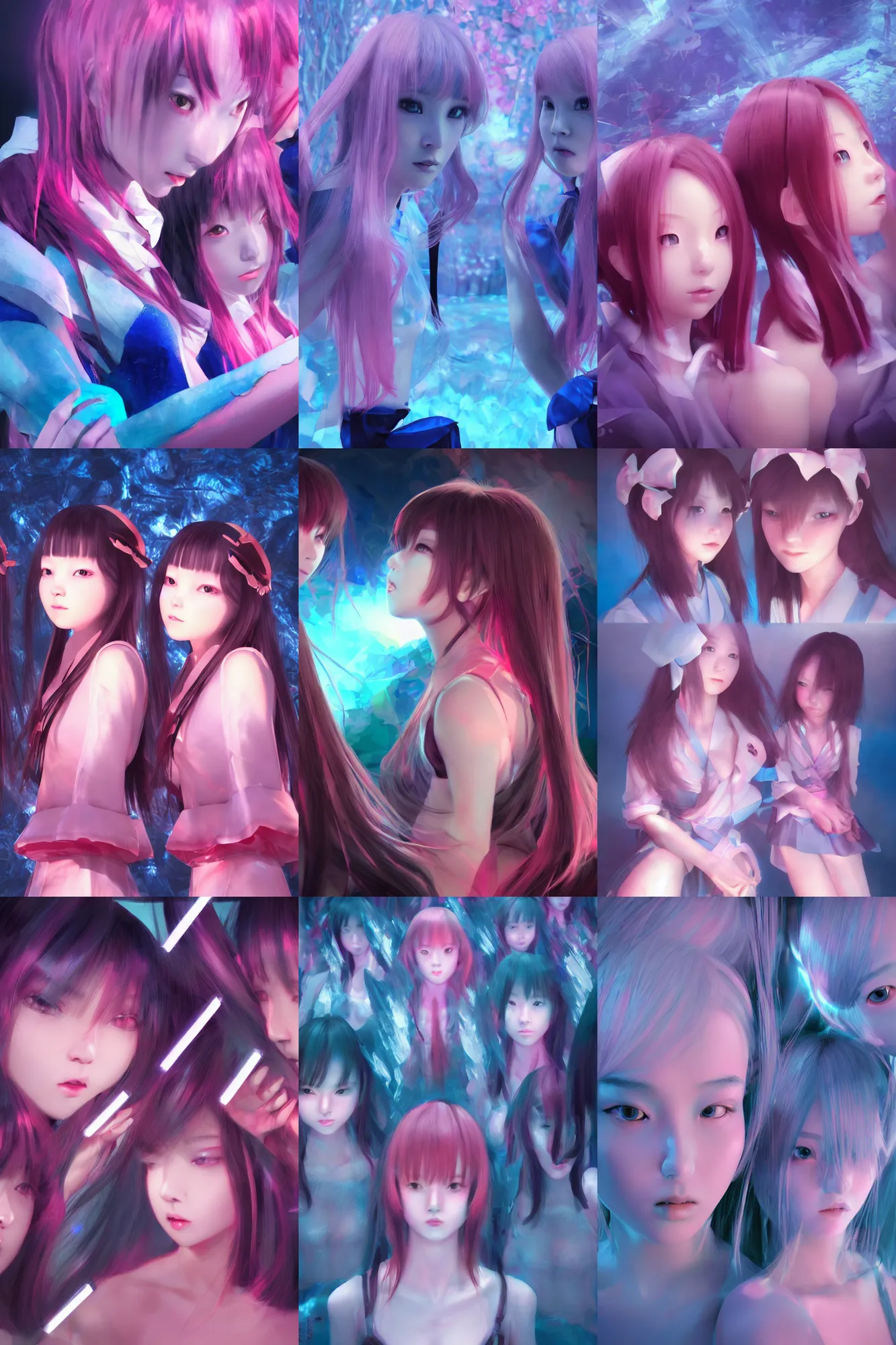 Prompt: 3d dark infrared octane render concept art by D. Jun, by Mo Xiang Tong Xiu, by Igarashi Daisuke, beauty portrait anime schoolgirl sisters under dark pink and blue water. cute face. complex mirrored room. dramatic light, trending on artstation.