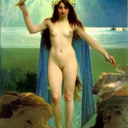 Image similar to Demon Girl at the palace, refracted sparkles, thunderstorm, greek pool, beach and Tropical vegetation on the background major arcana sky, by paul delaroche, alphonse mucha and arnold böcklin, hyperrealistic 8k, award-winning, very very very detailed