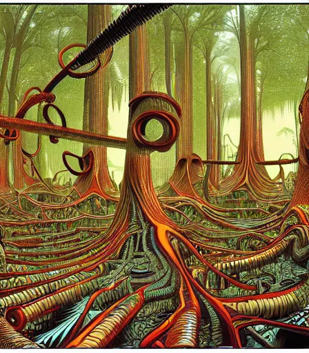 Prompt: hyper detailed comic illustration of a mechanical maze forest, by Ralph McQuarrie, Syd Mead and Android Jones intricate details, vibrant, solid background, low angle fish eye lens