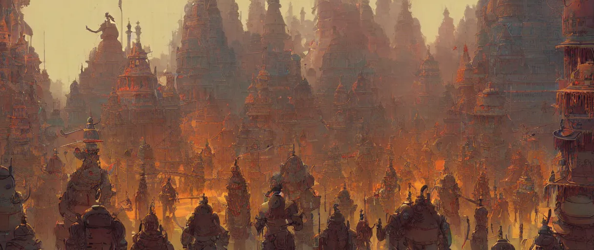 Prompt: an indian king presiding over an army of robots, art, by wlop, james jean, victo ngai! muted colors, very detailed, art fantasy by craig mullins, thomas kinkade cfg _ scale 8