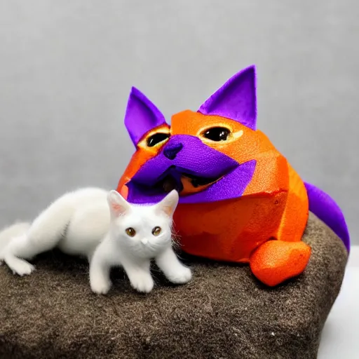 Image similar to tiny adorable purple fantasy dragon cuddles an orange tabby cat, realistic, orange tabby cuddles purple dragon, award - winning photography