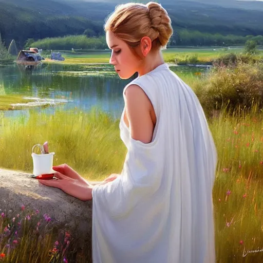 Image similar to blonde Princess Leia, Swedish countryside, landscape view, archipelago, painting by Vladimir Volegov, wlop, artstation