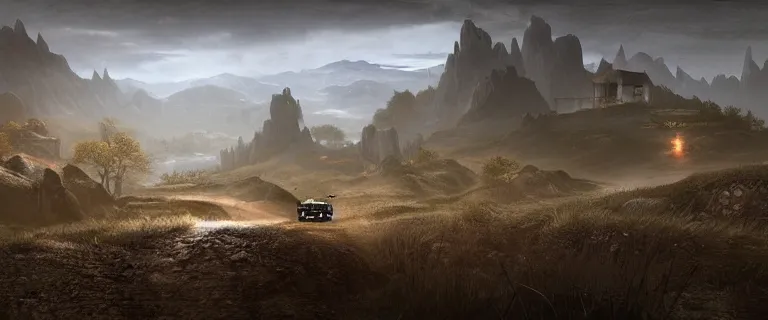 Prompt: Land Rover Defender 110 (1985), The Elder Scrolls III: Morrowind, dwemer Akulakhan robot in the distance, an epic fantasy, dramatic lighting, cinematic, establishing shot, extremely high detail, photorealistic, cinematic lighting, artstation, by simon stalenhag, the Nerevarine drives across Morrowind, strange flora, strange fauna, Bull Netch floating around, Morrowind fauna prominent across the landscape