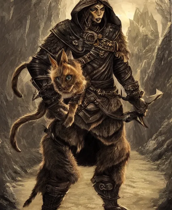 Image similar to humanoid male khajiit rogue with a scar on left eye, wearing leather armor with a hood, mainecoon cat features with black fur, far - mid shot, magic the gathering, fantasy