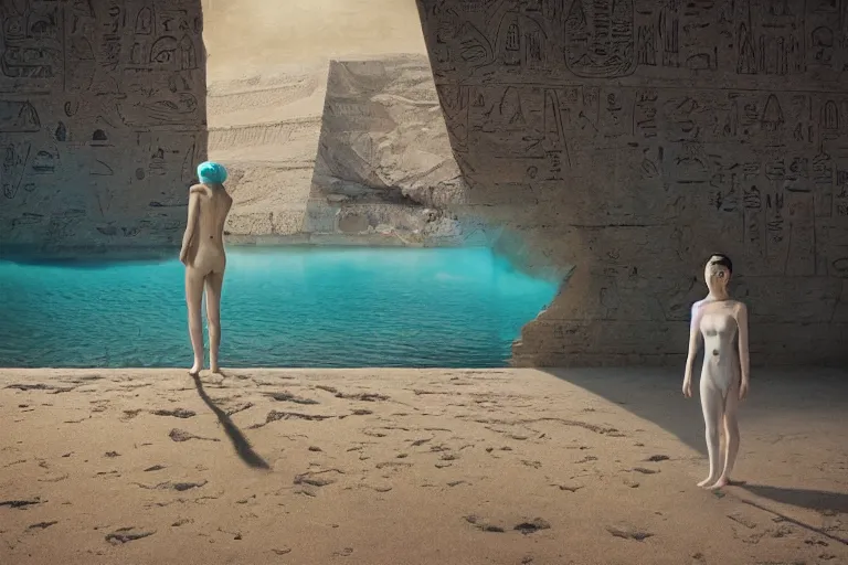 Prompt: lee jin - eun in astronaut dress emerging from turquoise water in egyptian pyramid by dino valls, nicola samuri, conrad roset, m. k. kaluta, martine johanna, rule of thirds, elegant look, beautiful, luxurious